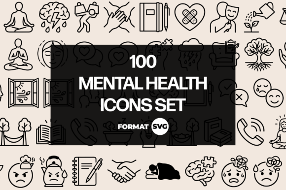 100 Mental Health Icons SVG Set: Essential Visuals for Wellness Brands