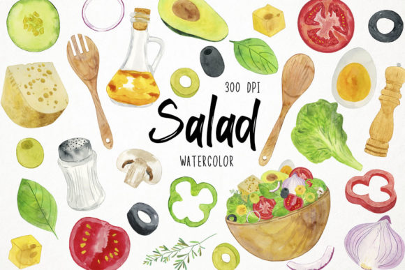 Fresh and Vibrant Watercolor Salad Clipart for Healthy Food Designs